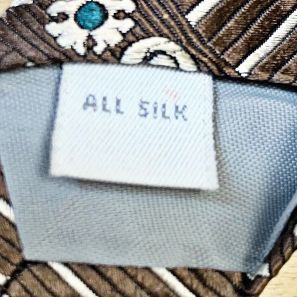 Pierre Cardin Silk Tie Brown Beige Green‎ Scroll Stripe Geometric Print Necktie
